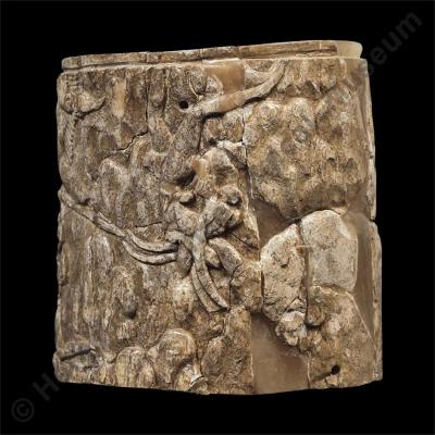 Ivory pyxis with relief scene of bull hunt and capture
